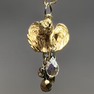 Vintage Kirks Folly Gold Tone Sitting Cherub With Crystal Drops Necklace, 34"